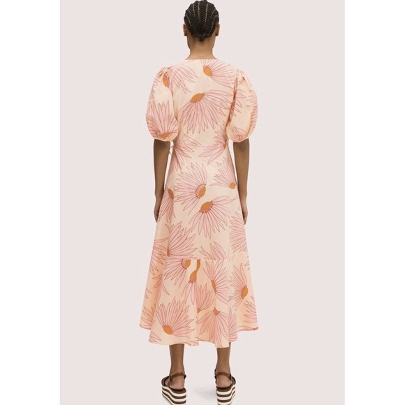 Kate Spade Grand Daisy Floral Puff Sleeve Midi Wrap Dress Size 4 Pink & Orange - Picture 3 of 11
